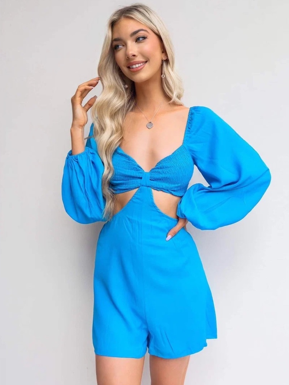 Princess Polly Dainton Romper Size 2 Blue Cutout Puff Sleeve NWT
